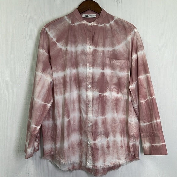 Zara - Dusty Pink Tie Dye Button Down Pocket Long Sleeve Blouse Size Small - Picture 8 of 12